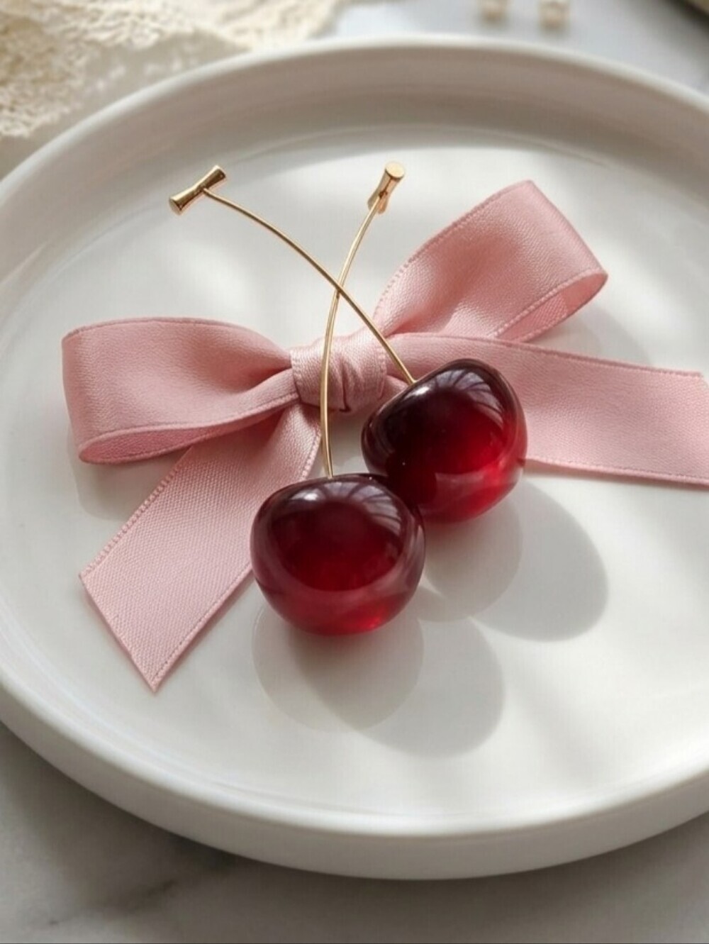 Cherry Drop Earrings Deep Red Resin Gold Stem Coquette Dangle Fruit 1.9"